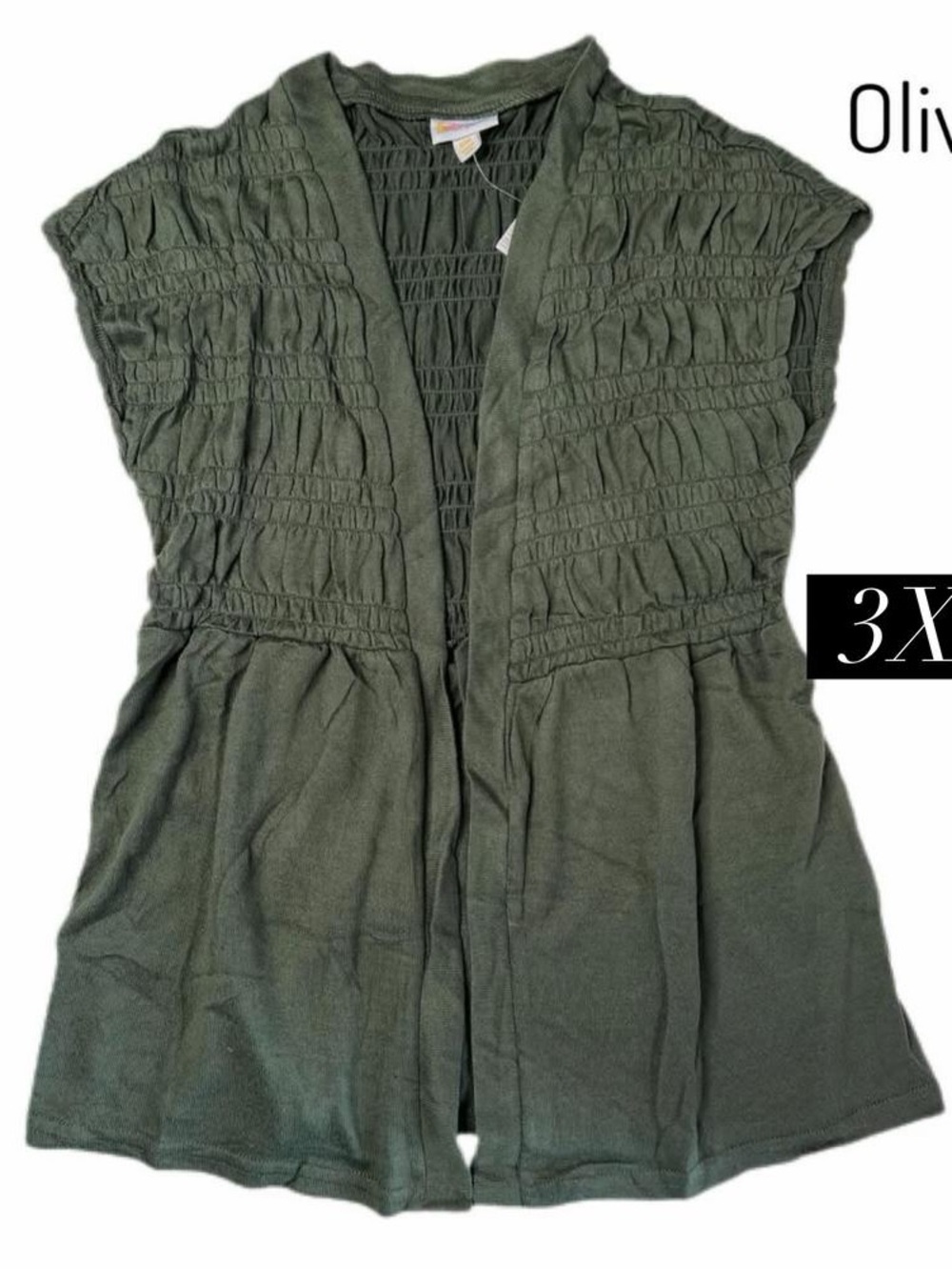 LuLaRoe Olive Green Smocked Open Front Tunic (3X)